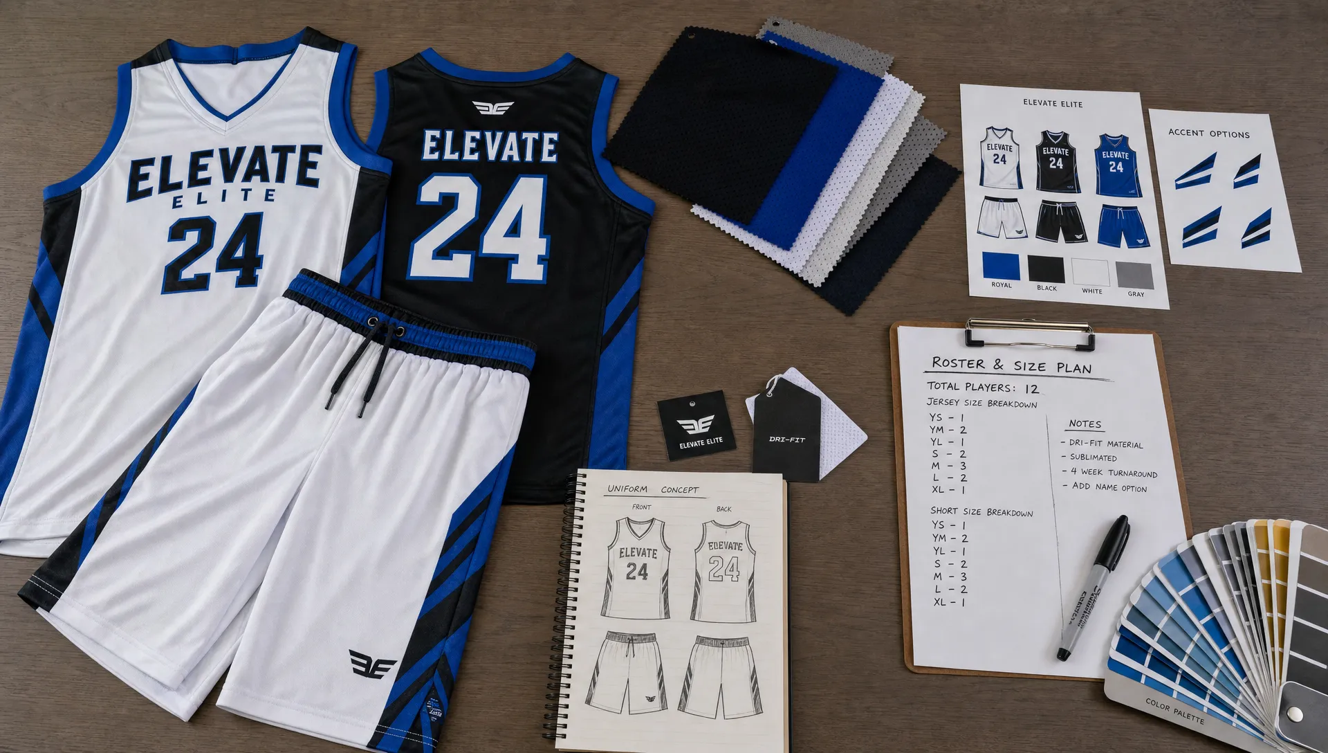 An organized AAU basketball uniform planning table with sample jerseys, shorts, fabric swatches, color cards, and roster size notes before production.