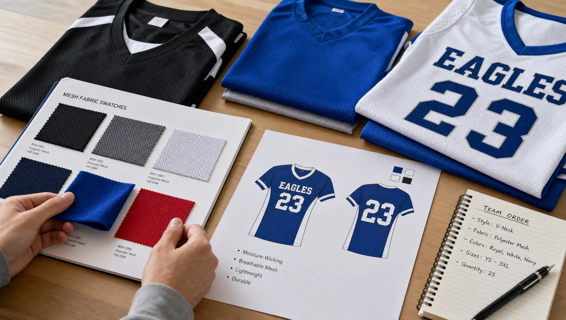 Breathable mesh jerseys, fabric swatches, and moisture-wicking team shirts laid out for a team order review.