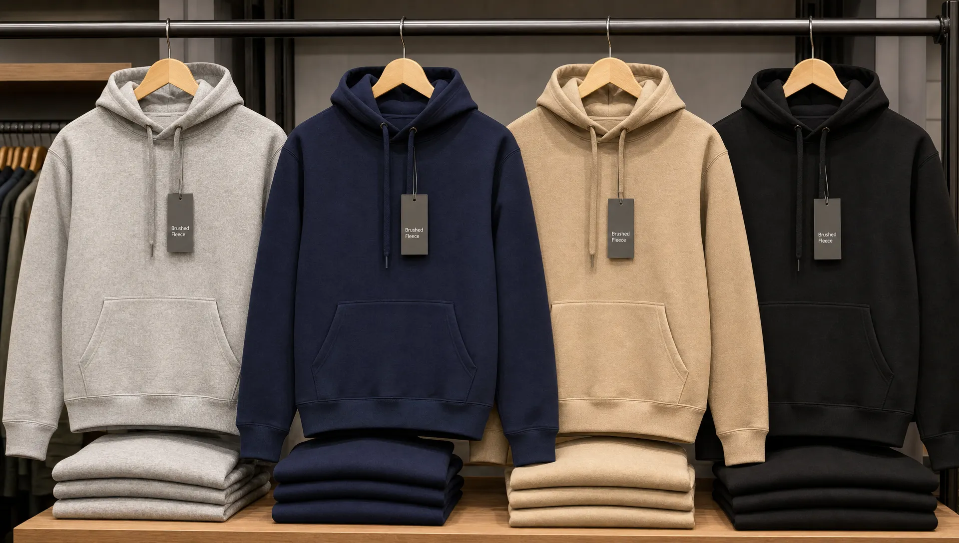 Brushed fleece hoodies are folded and hung neatly on a retail display, with structured hoods, ribbed cuffs, clean stitching, and hangtags.