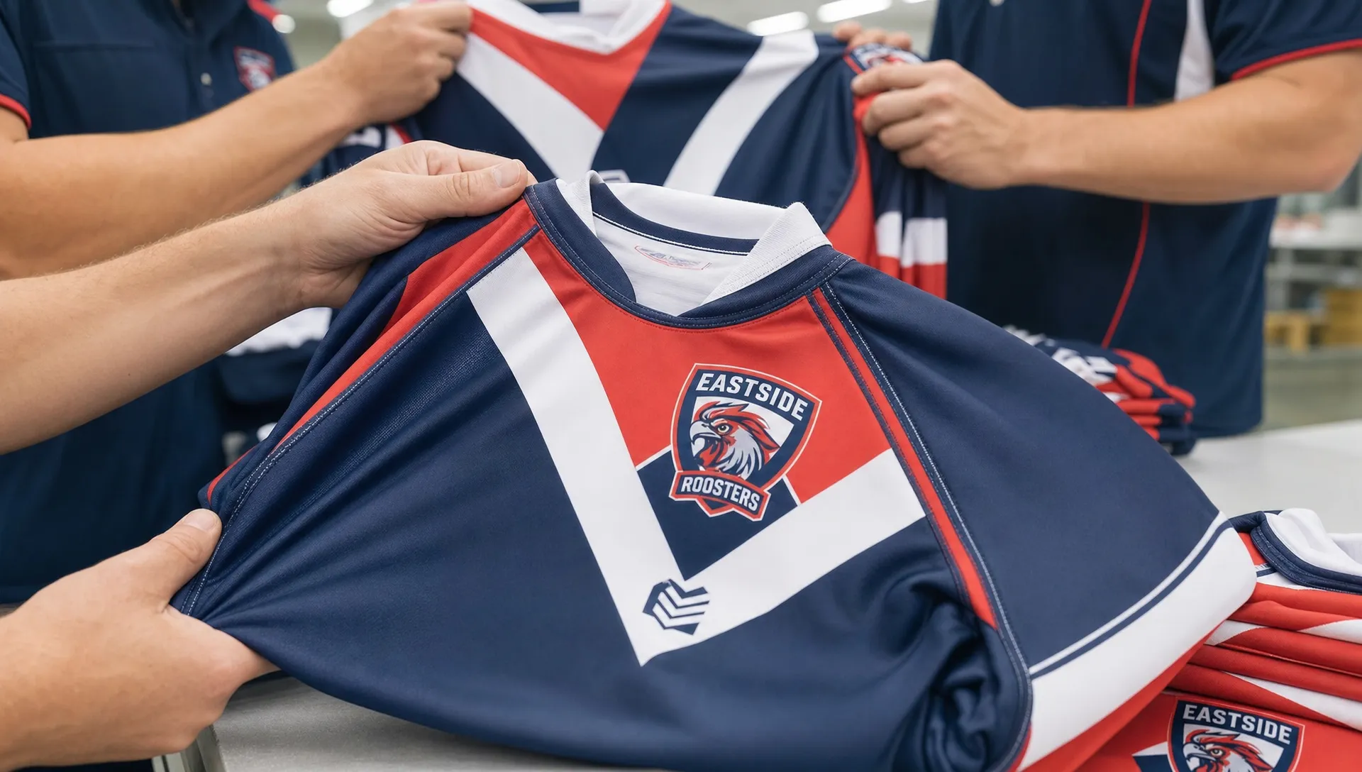 Close-up of sublimated rugby league jerseys showing bonded graphics, reinforced seams, and breathable polyester fabric during team inspection.