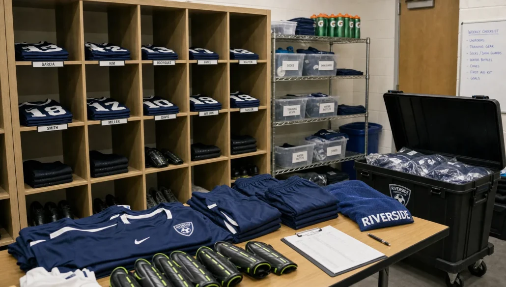 Completed soccer uniforms are sorted into club cubbies with bins, warmups, and gear in a team equipment room.