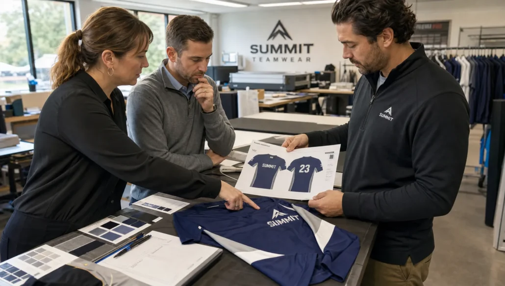 Two buyers and a manufacturer review a rugby league jersey mockup, fabric swatches and a sample shirt at a counter.