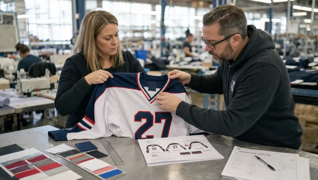 Two production specialists compare a custom ice hockey jersey sample with a spec sheet at a workshop table.