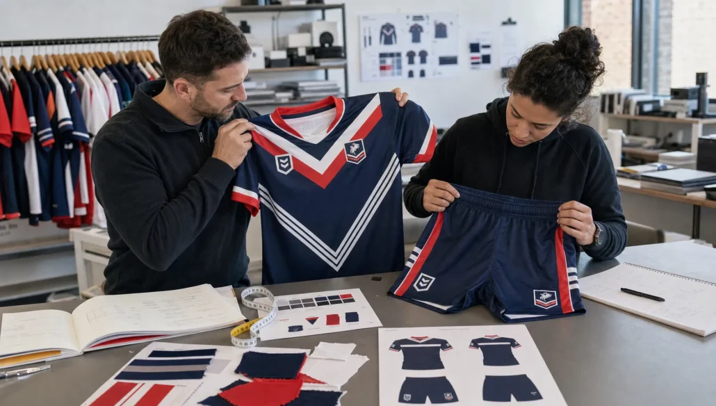 Two production staff compare a rugby league jersey and matching shorts on a worktable with swatches, measuring tools, and approval sheets.