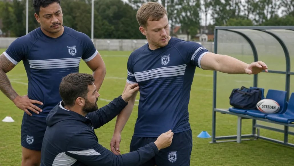 Two rugby league players and a kit technician check jersey fit on a training ground beside cones and a ball.