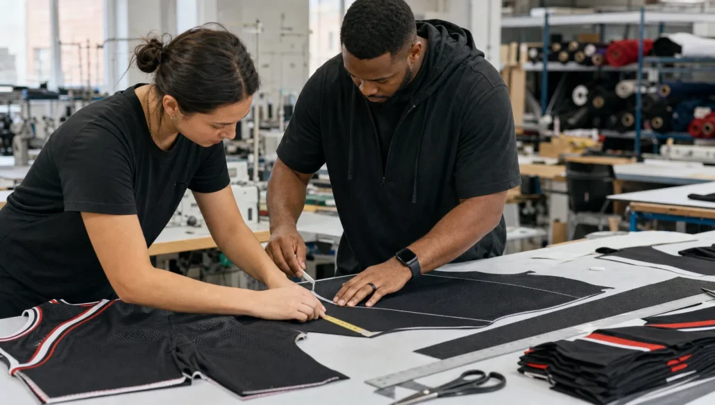 Two specialists measure and mark basketball uniform pattern pieces at a workshop cutting table.