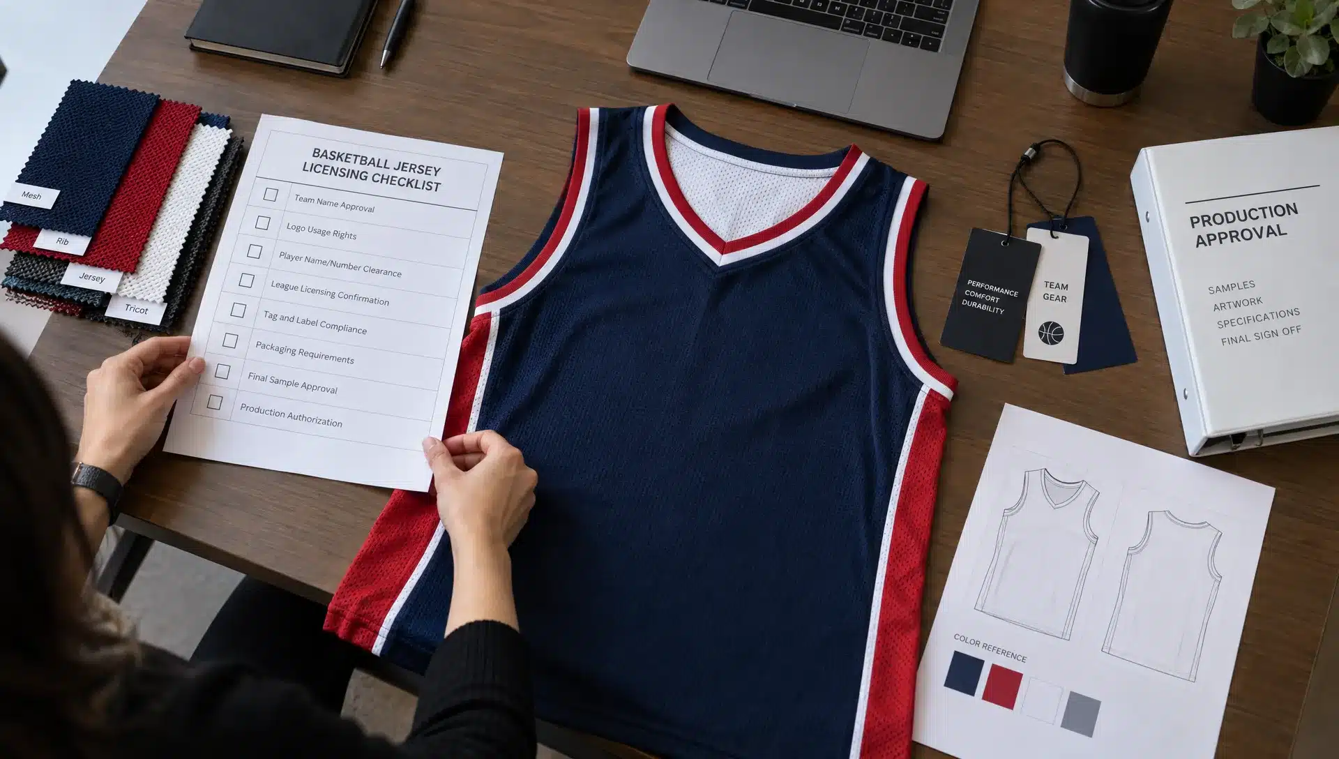 A buyer checks a basketball jersey licensing checklist beside an original teamwear sample, swatches, hangtags, and an approval folder.