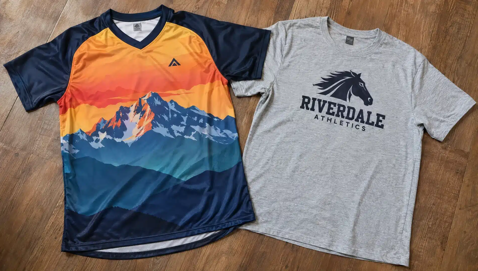 A multicolor polyester jersey with sublimated artwork lies beside a cotton training shirt bearing a solid screen-printed chest logo.