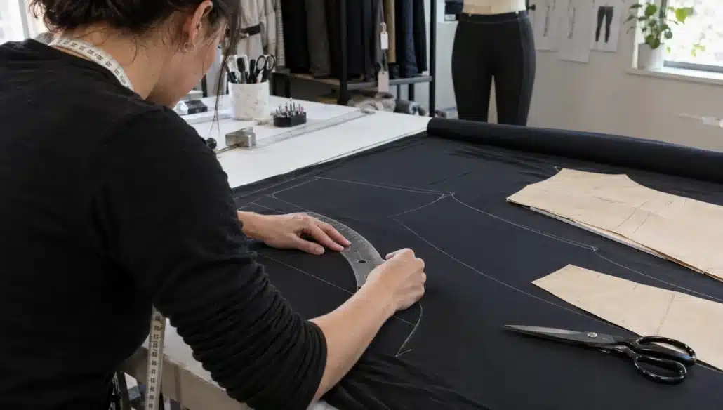 A pattern technician marks leggings pieces on stretch fabric with a curved ruler and chalk.