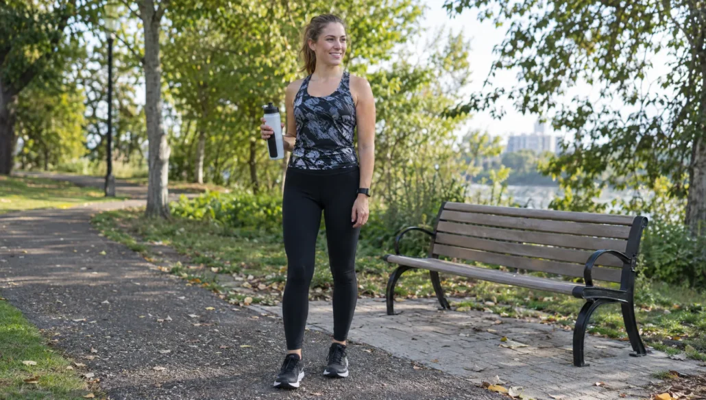 A runner checks the printed colors on a performance top and leggings after training beside a park path.