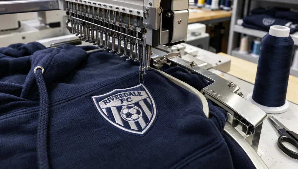 A stitched club crest on a hoodie under an embroidery machine shows a personalized detail for team merchandise.