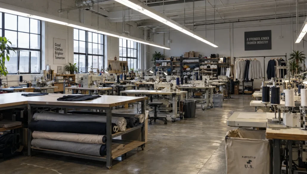 A sweatshirt workshop with sewing machines, fabric rolls, and French terry crewnecks hanging beside the production stations.