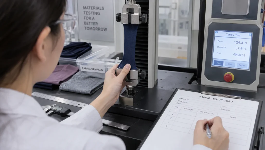 A technician stretches a sportswear fabric sample in a test clamp to check recovery before production approval.