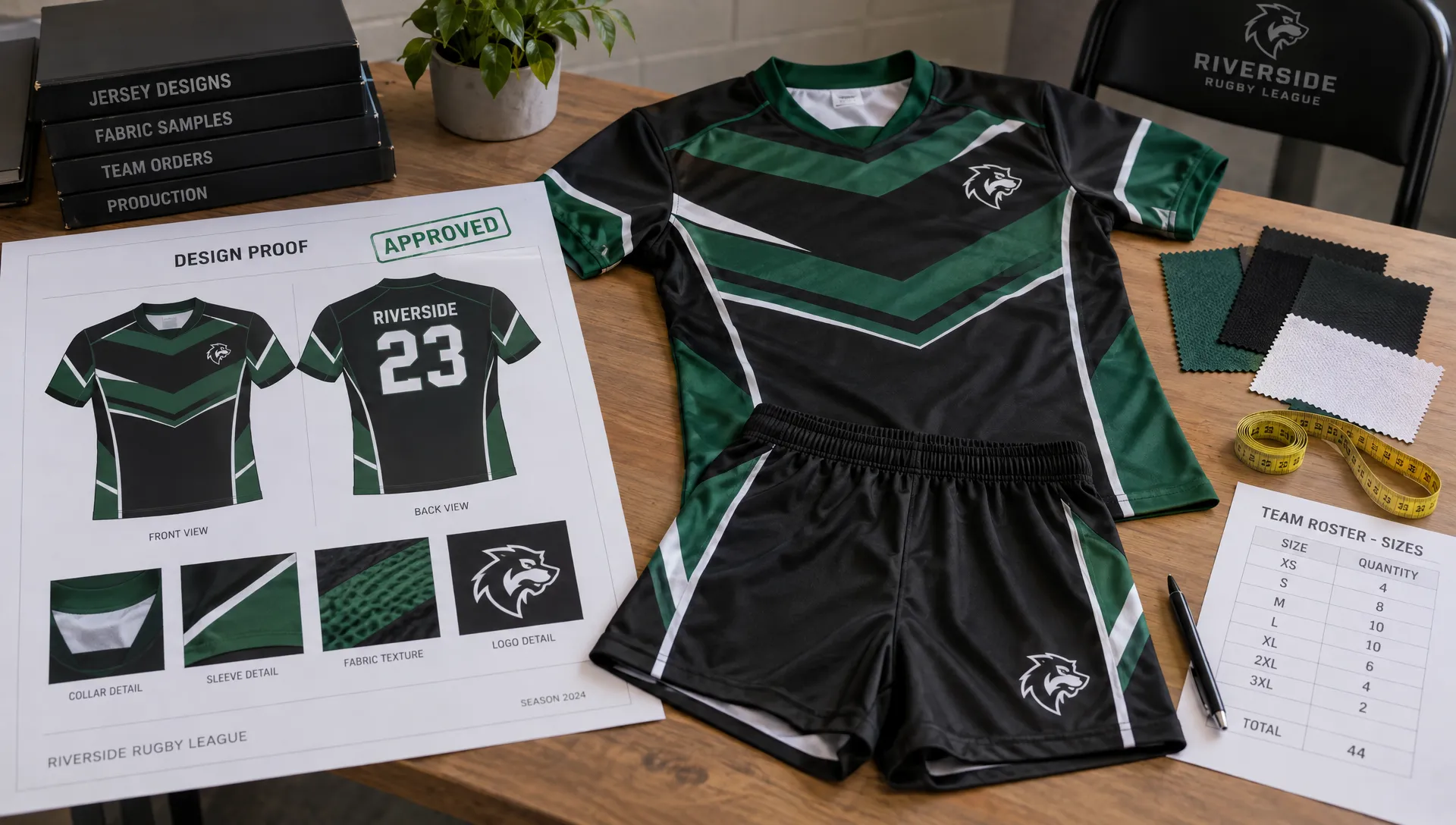 An approved rugby league design proof sits beside a sample jersey and shorts, fabric swatches, a measuring tape and the team’s printed size roster.