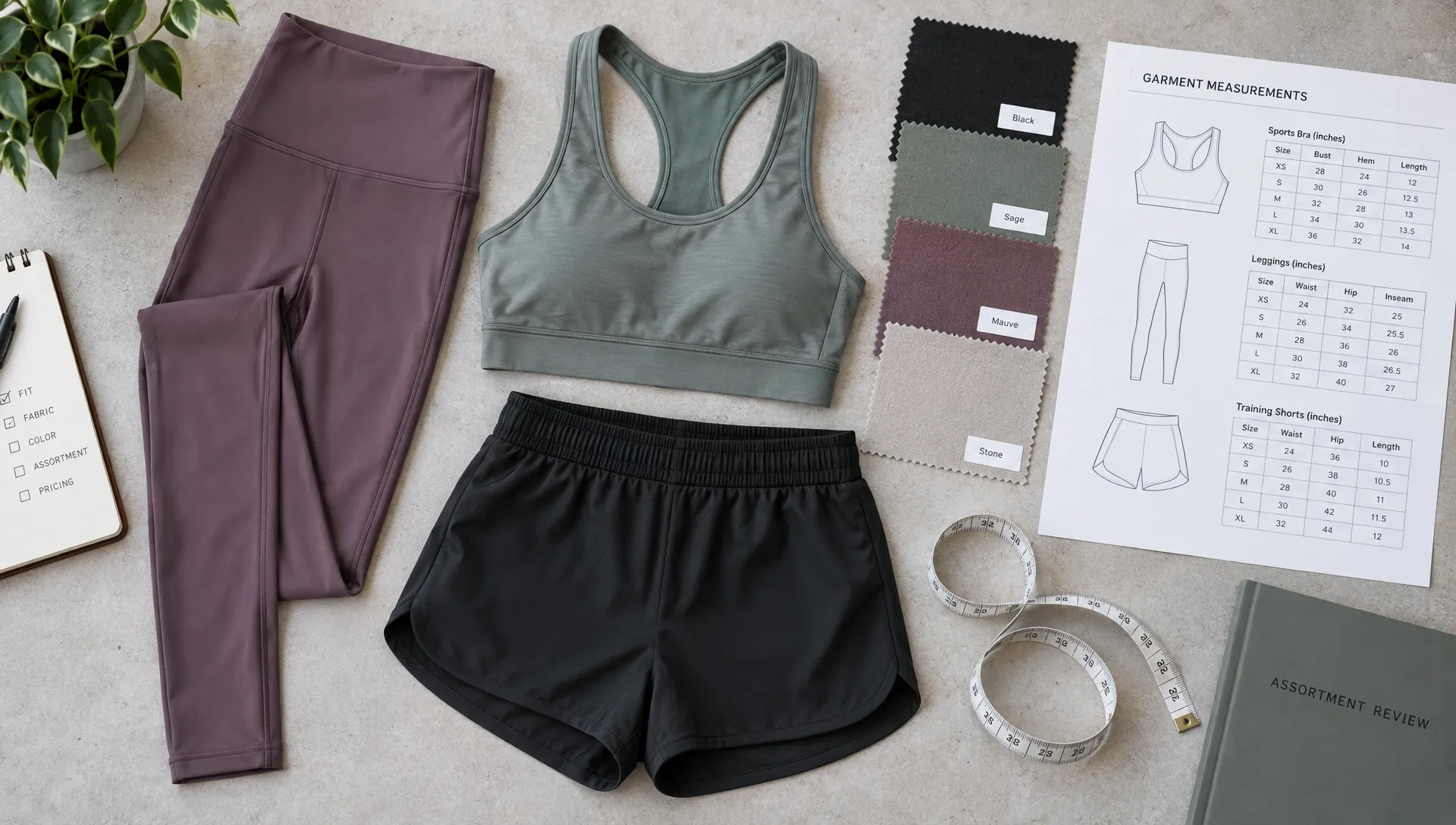 An overhead view of leggings, a sports bra and training shorts arranged with fabric swatches, a measuring tape and a garment measurement sheet for a buyer’s assortment review.