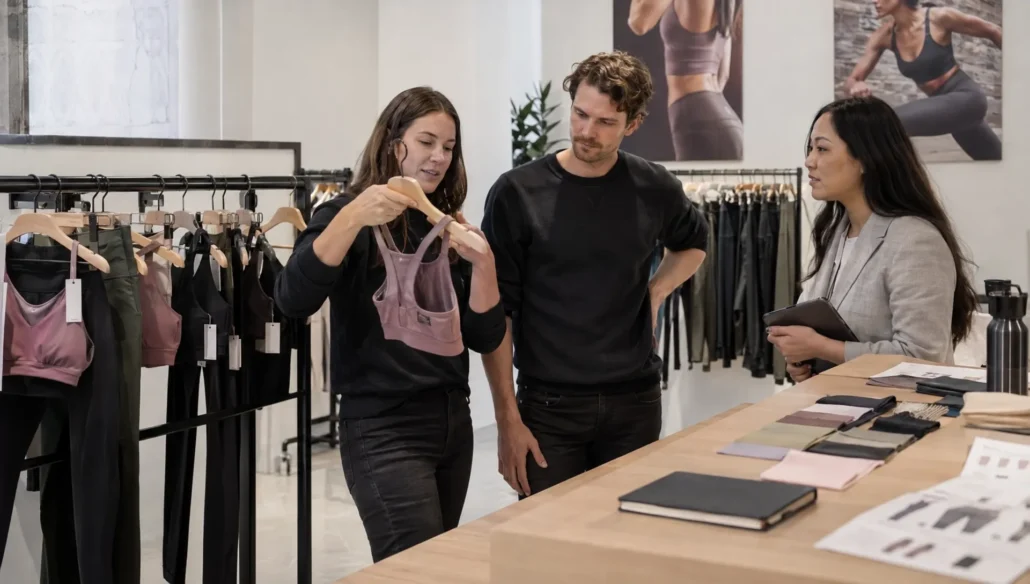 Brand founders and a manufacturer representative review leggings and a sports bra at a sample rail while discussing a private label collection.