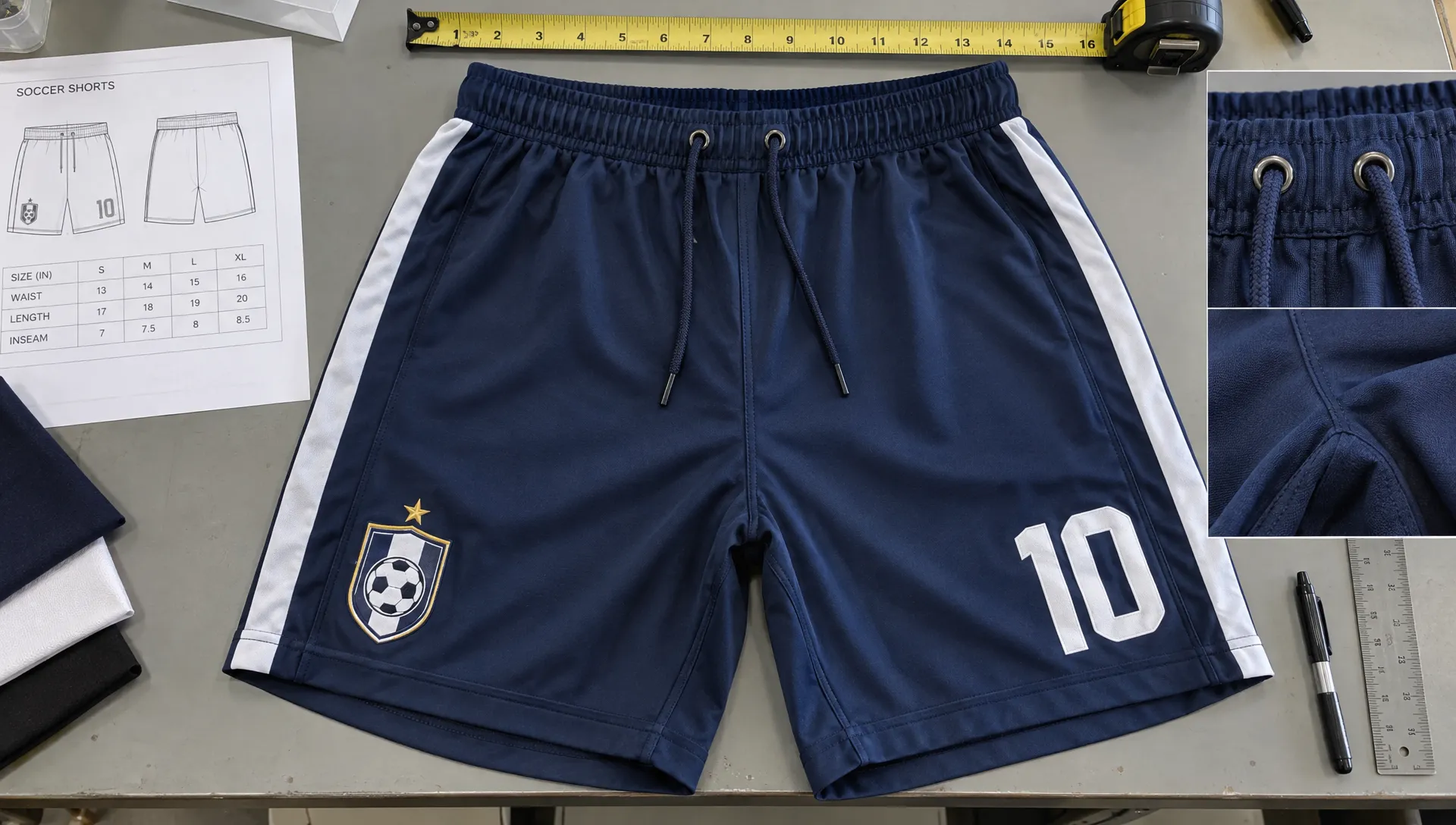 Close overhead inspection of custom soccer shorts on a worktable, with the waistband, drawcord openings, crotch seams, crest placement and measured garment dimensions visible.