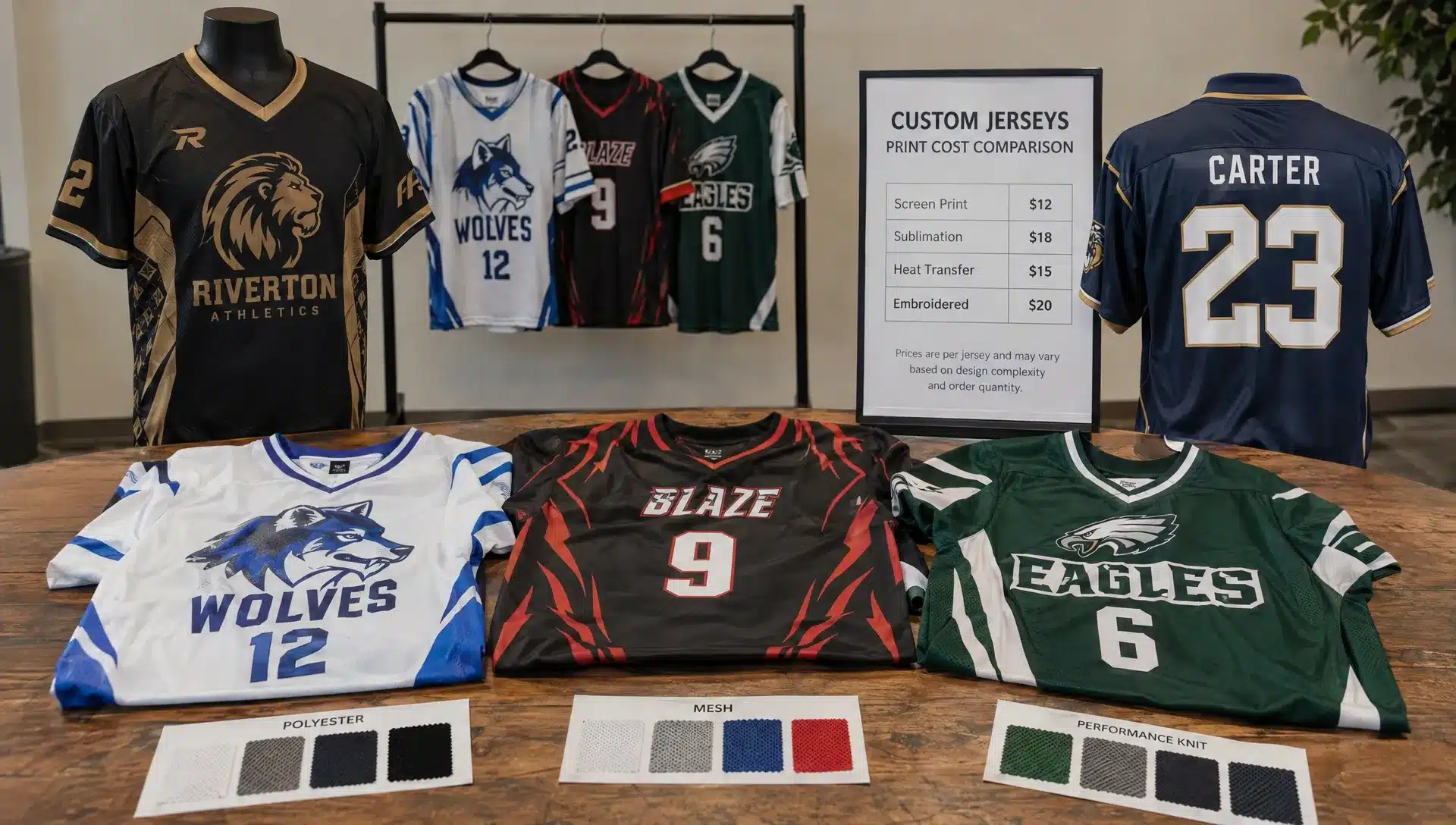 Custom jerseys arranged for comparing sportswear print costs, with chest and back graphics, sleeve marks, player numbers, and fabric swatches visible.
