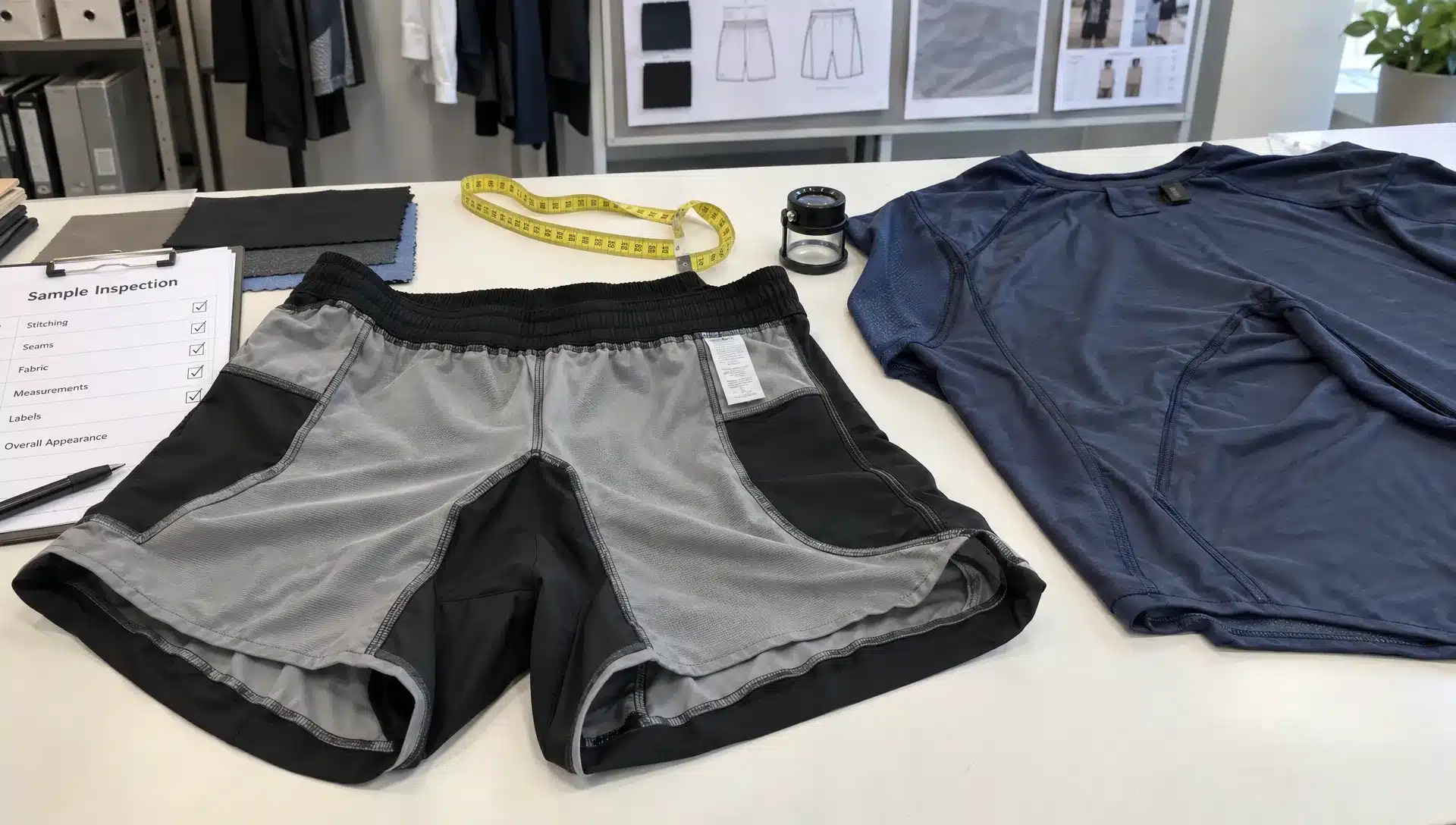 Inside-out athletic shorts reveal a shaped gusset, smooth seam allowances, and a care label placed away from common rubbing points.