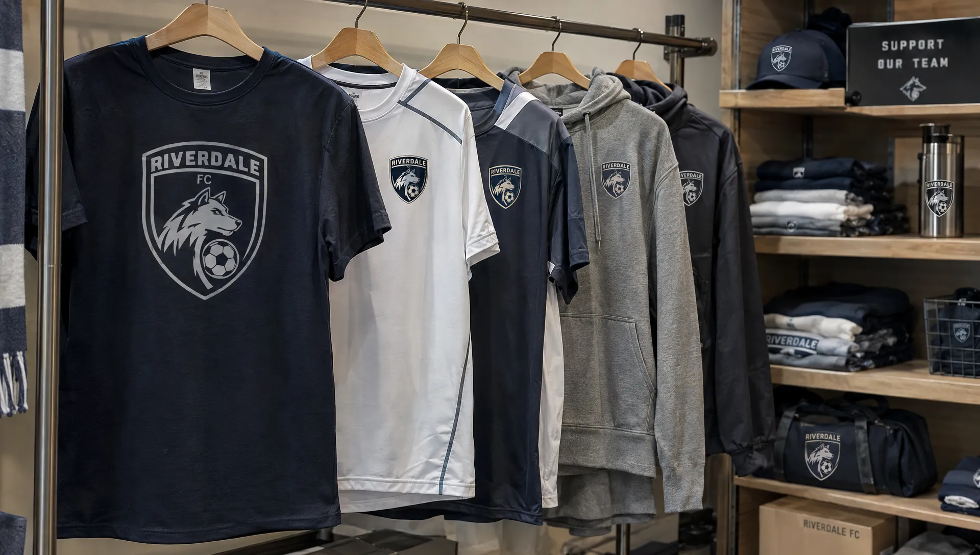 Supporter T-shirts, training tops and hoodies with coordinated fictional team crests hang on a rack beside folded garments and packaging.