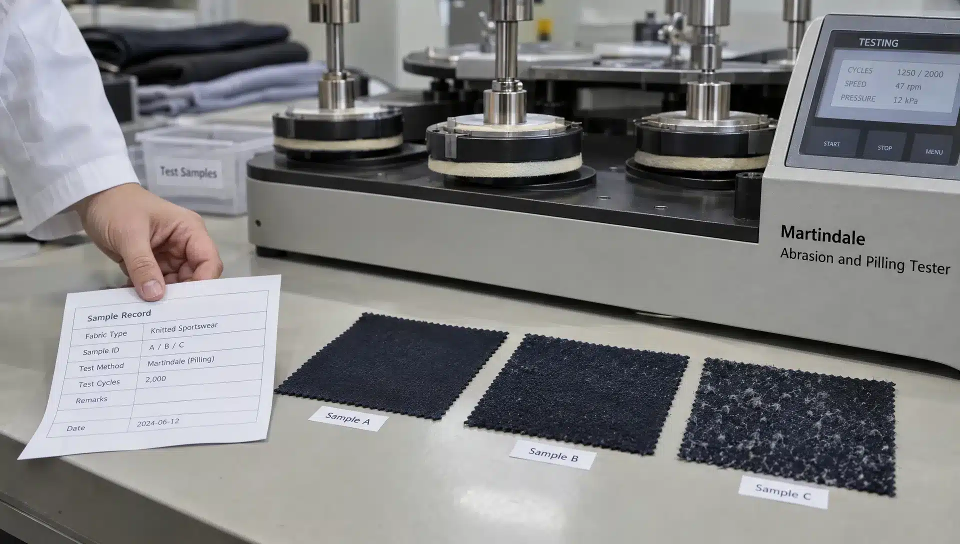 Three sportswear swatches show varying pilling grades beside a Martindale machine and their laboratory sample record.