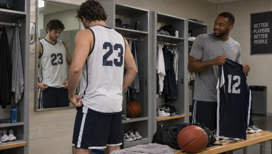 Two basketball teammates check jersey length and fit while preparing for practice in a changing room.